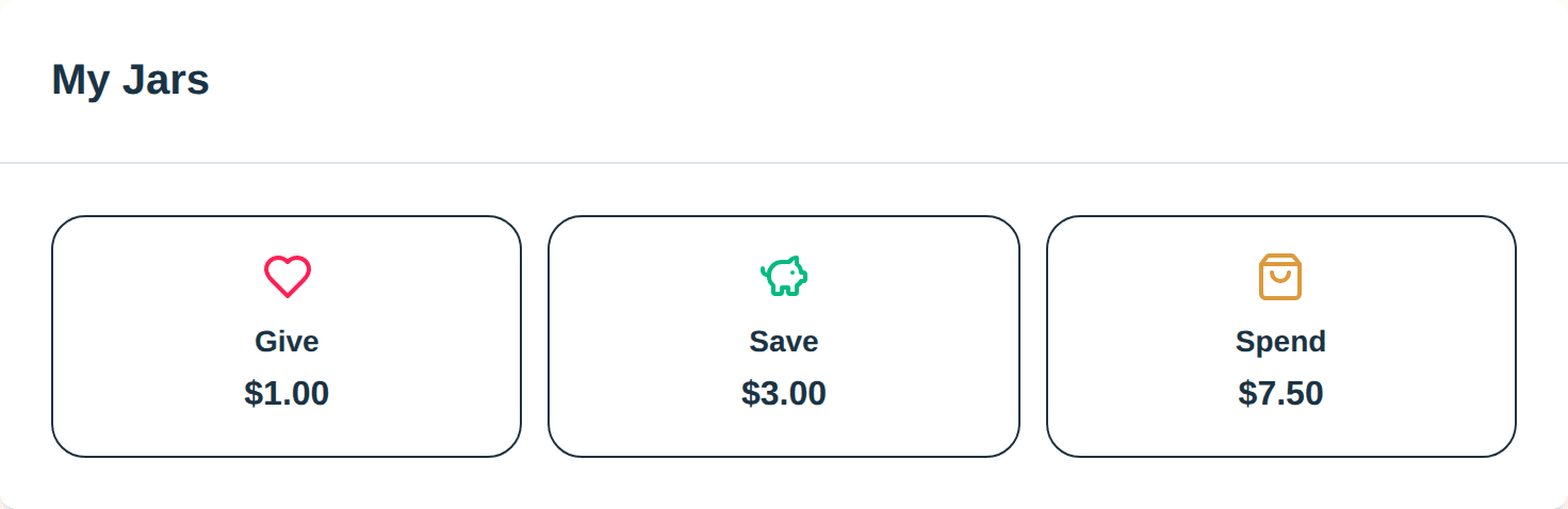 A kid's Family Bank view with Give, Save, and Spend jars