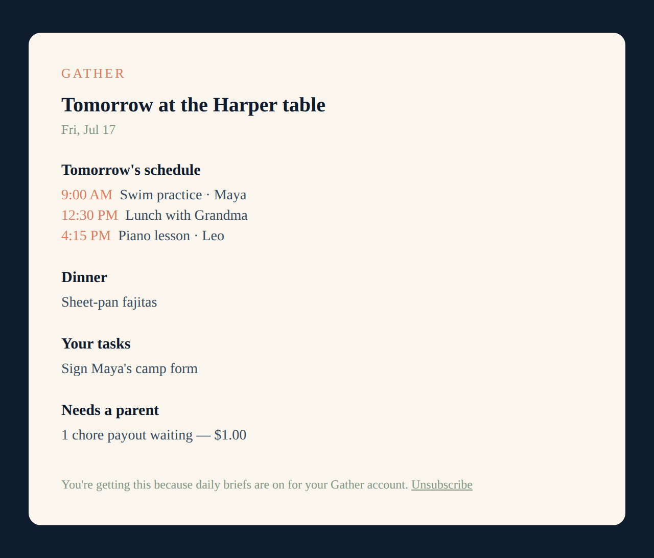 The Gather evening brief email with tomorrow's schedule and dinner